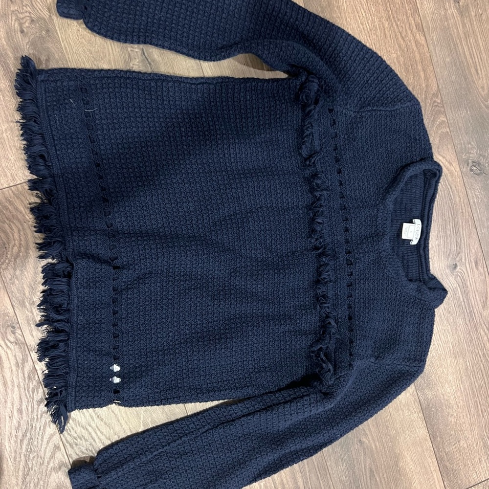 J. Crew Blue Crew Neck Sweater with Fringe Detail